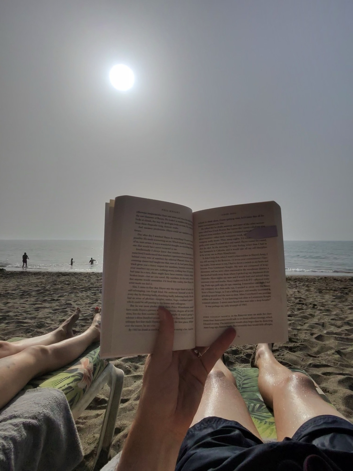 A person is reading a book on a beach under the bright sun, with the sea in the background and others relaxing on lounge chairs nearby.