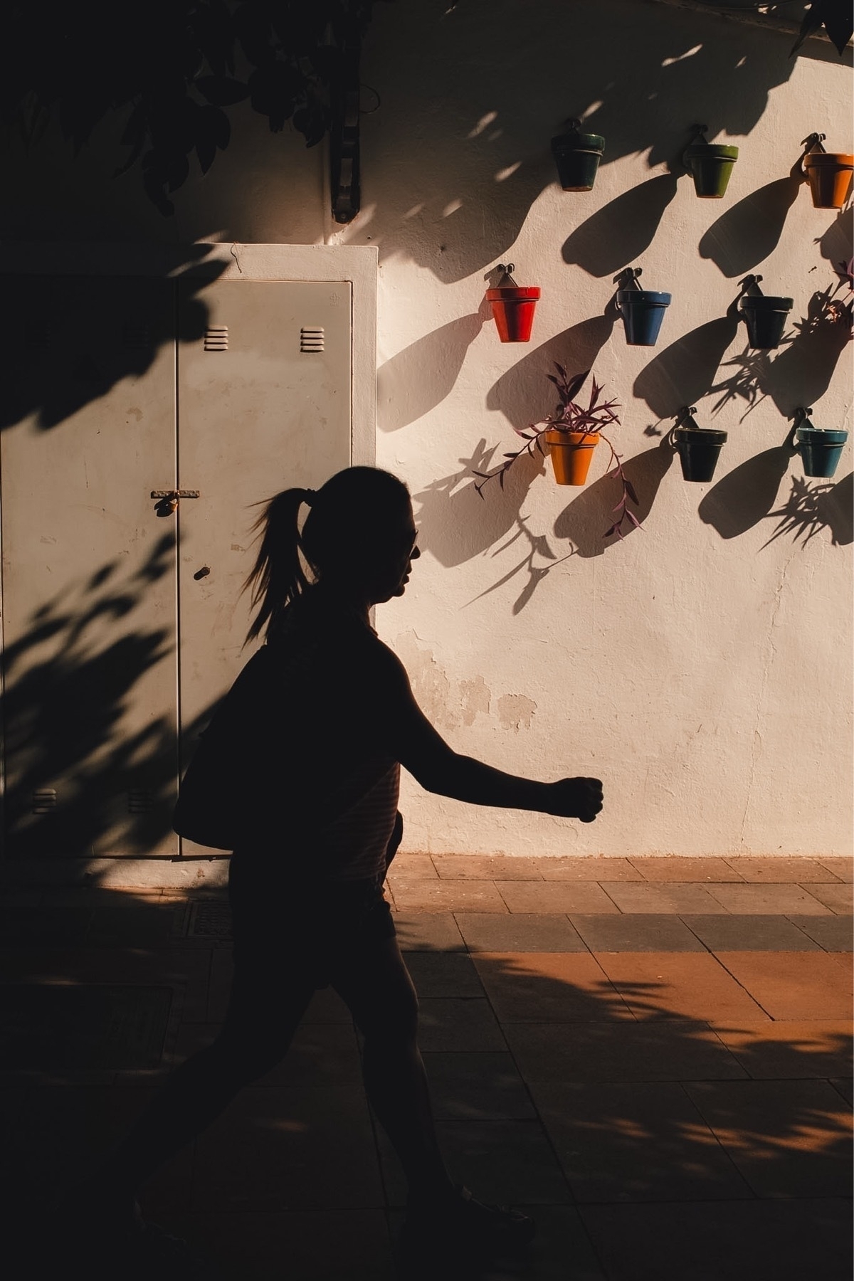 A silhouetted person walks in front of a sunlit wall with colorful plant pots and long shadows.