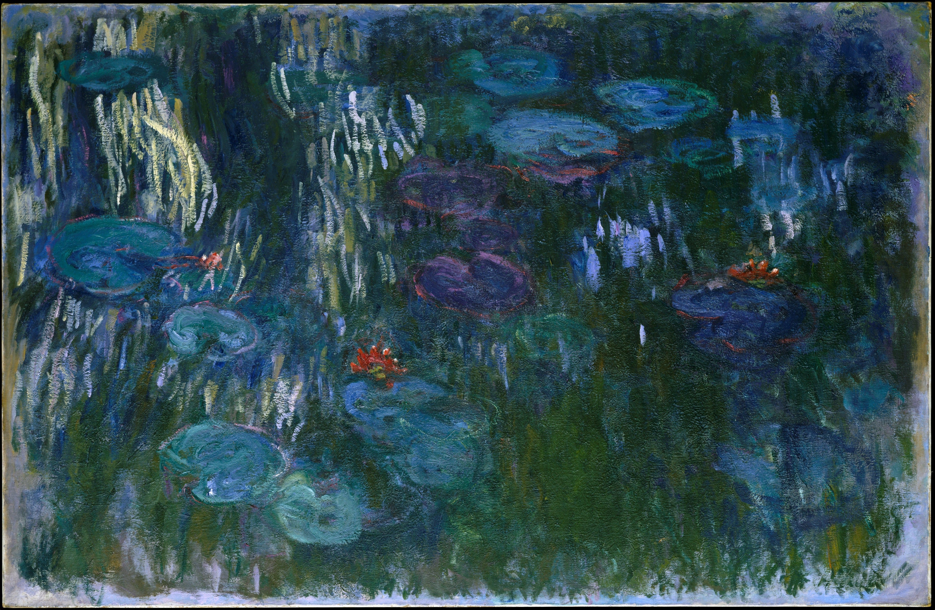 a painting of water lilies floating on the dark surface of water with the reflection of bright willow branches on the left