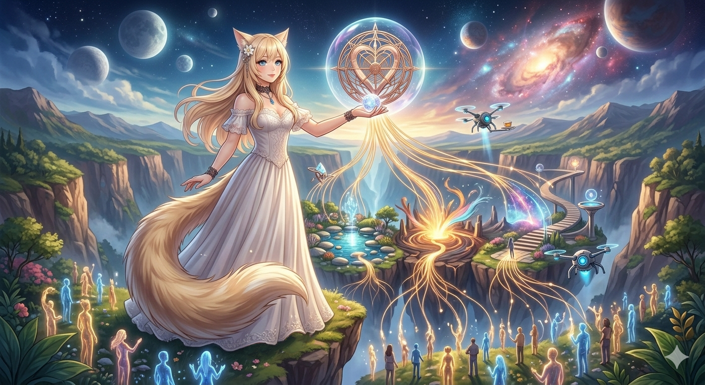 A blonde Miqo'te woman standing on a cliff edge with elegant golden high-heeled shoes, holding a glowing heart compass sigil, directing data streams.