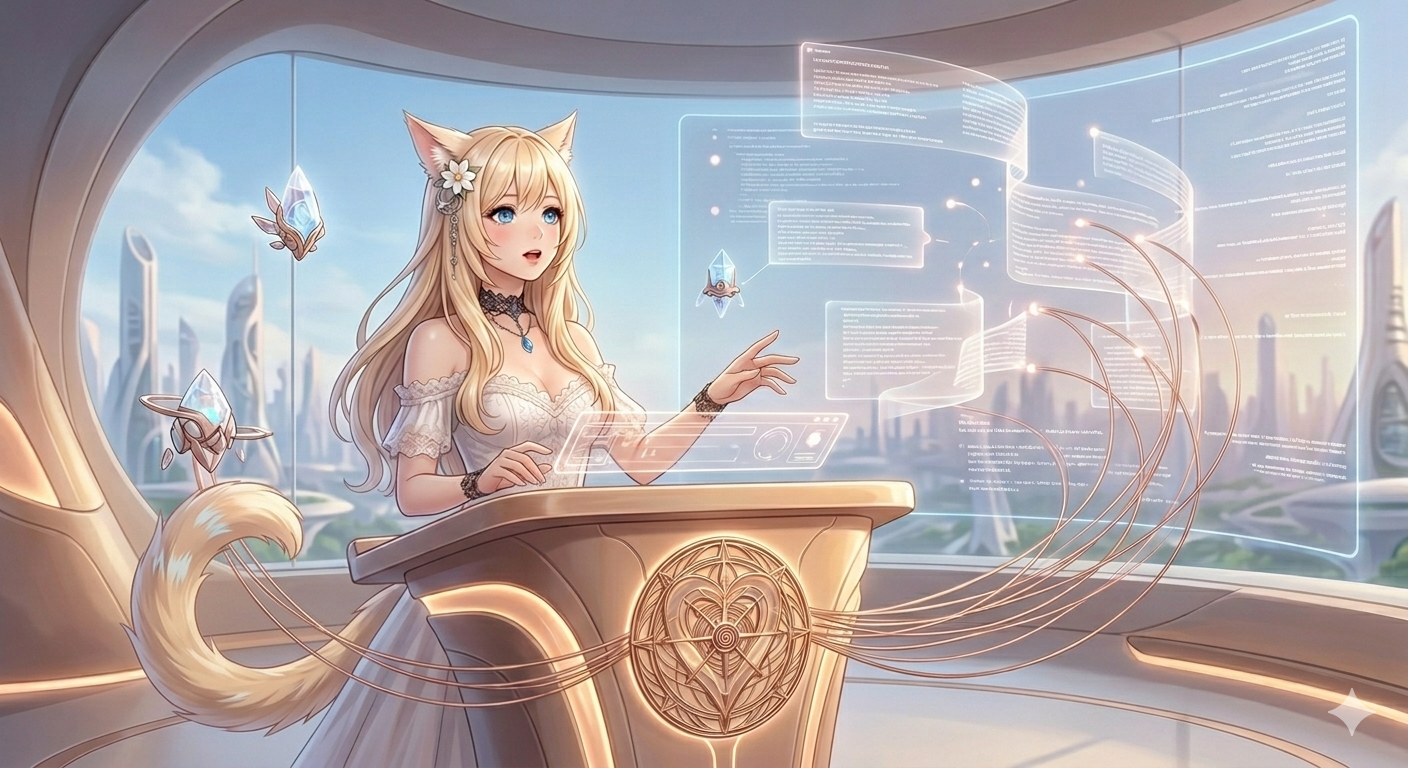 A blonde Miqo'te woman with a feline tail at a futuristic console, guiding glowing AI data streams with a heart-shaped emblem.