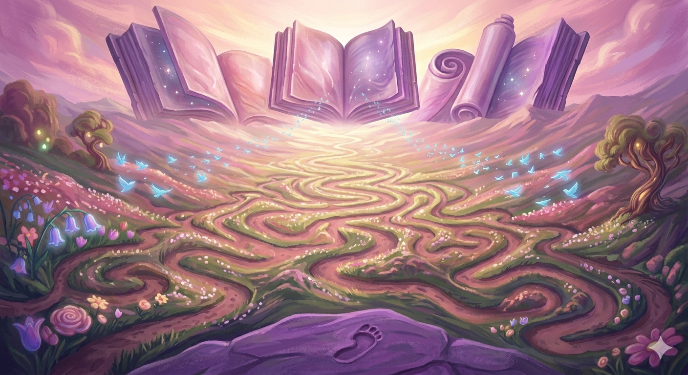 Aerial view of a complex labyrinth path leading to giant open books on the horizon, representing philosophical insights and cognitive freedom in a purple dreamscape.