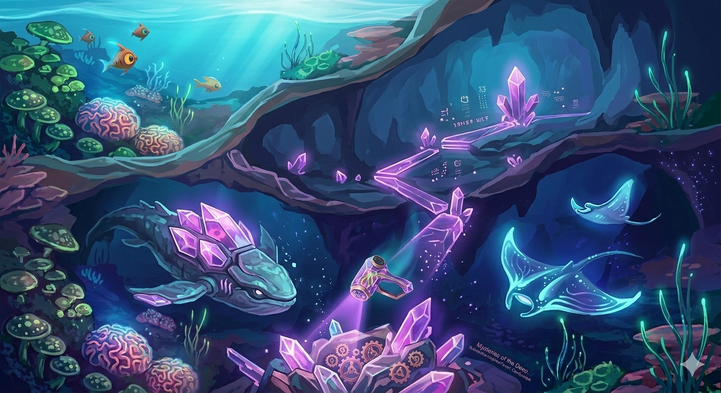A deep alien ocean trench with geothermic vents, ancient alien glyphs, and amethyst crystal paths. A sense of decoding mysteries