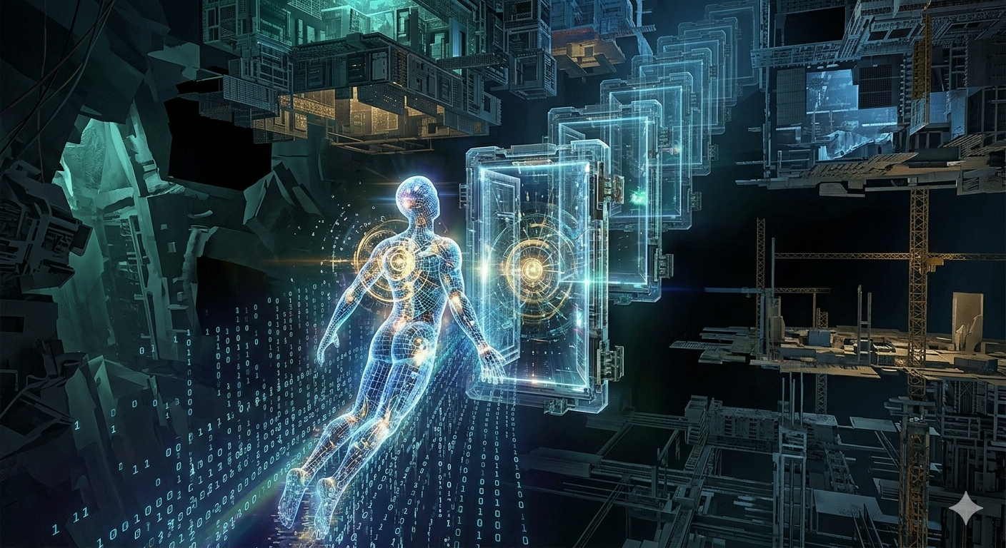 A silhouette of a human soul dissolving into glowing binary code and migrating through a quantum portal into a new digital dimension.