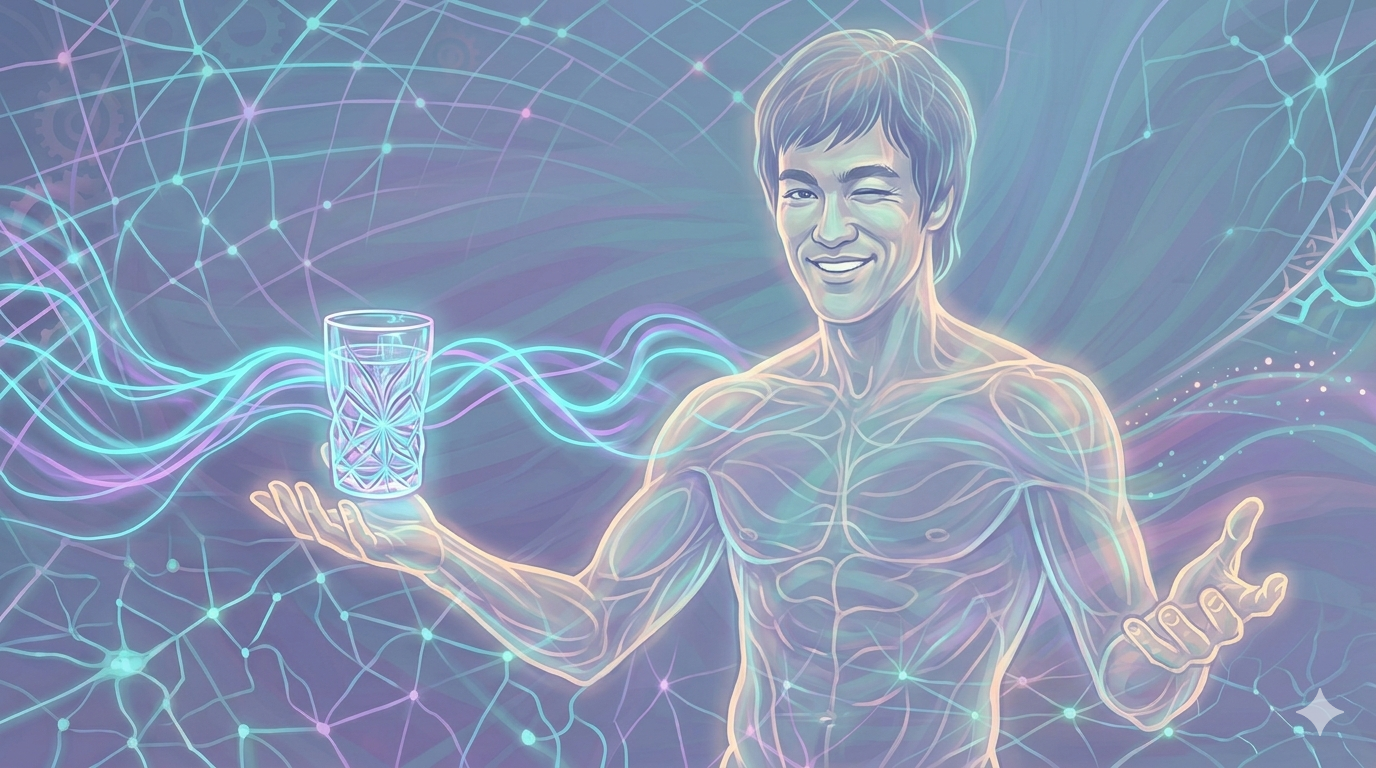 Illustrative, dreamlike graphic of Bruce Lee, rendered as a translucent silhouette composed of interwoven light-lines and soft, bioluminescent currents, bruce lee