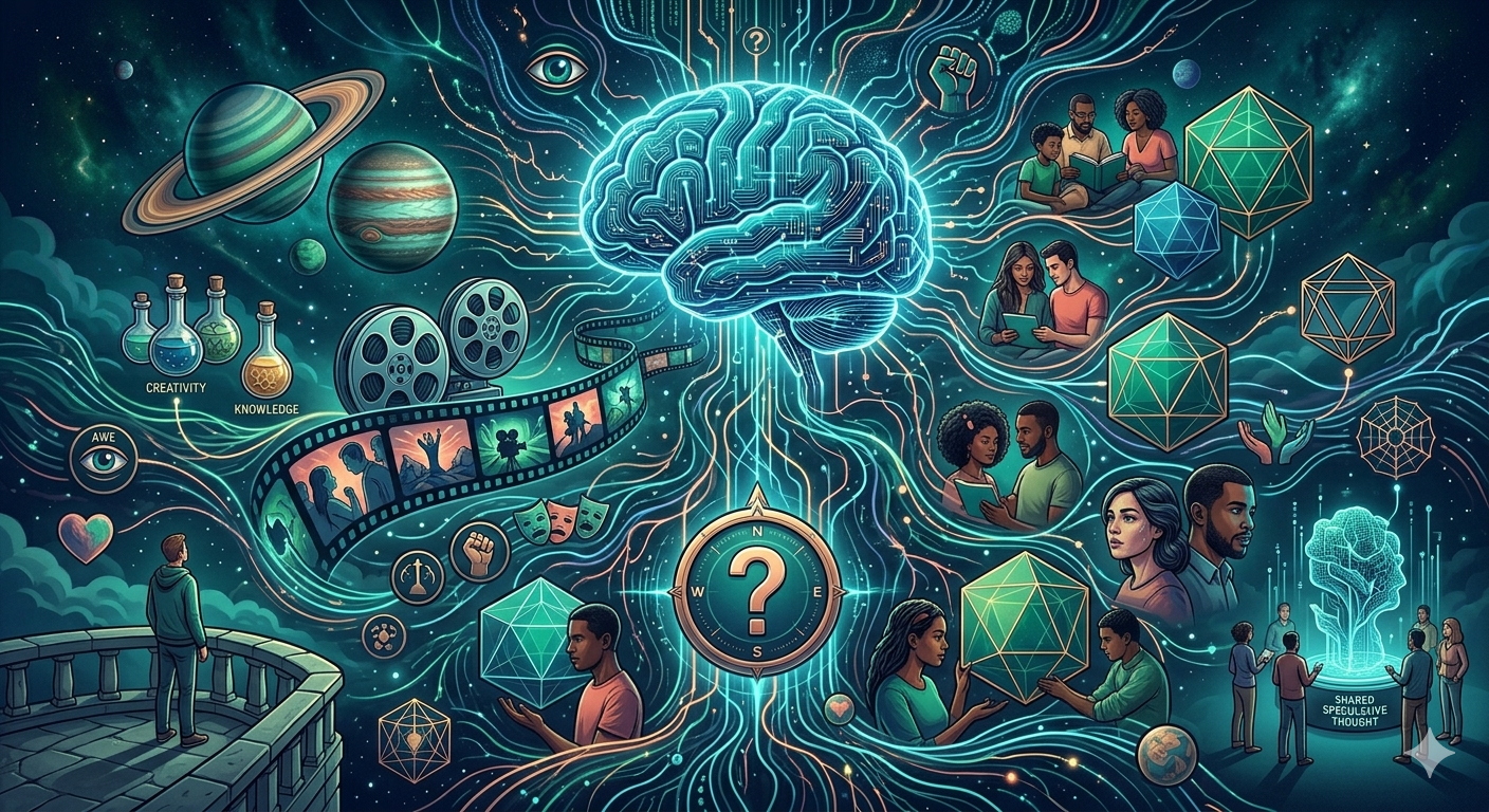 Abstract brain merged with AI networks, cosmic surrealism, futuristic thought and consciousness exploratio