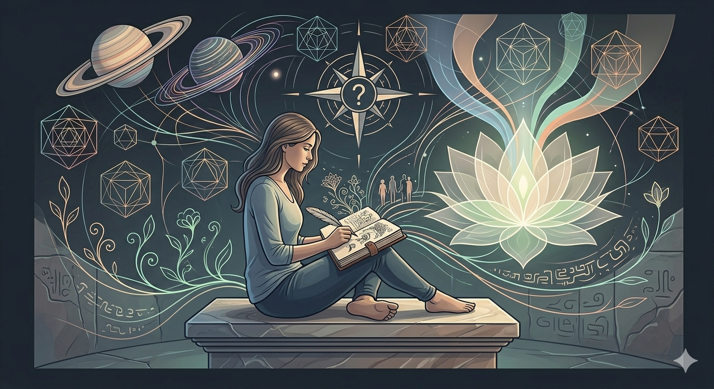 Illustration of a woman journaling on a stone pedestal, surrounded by a glowing lotus, planets and geometric symbols of inner growth and light.