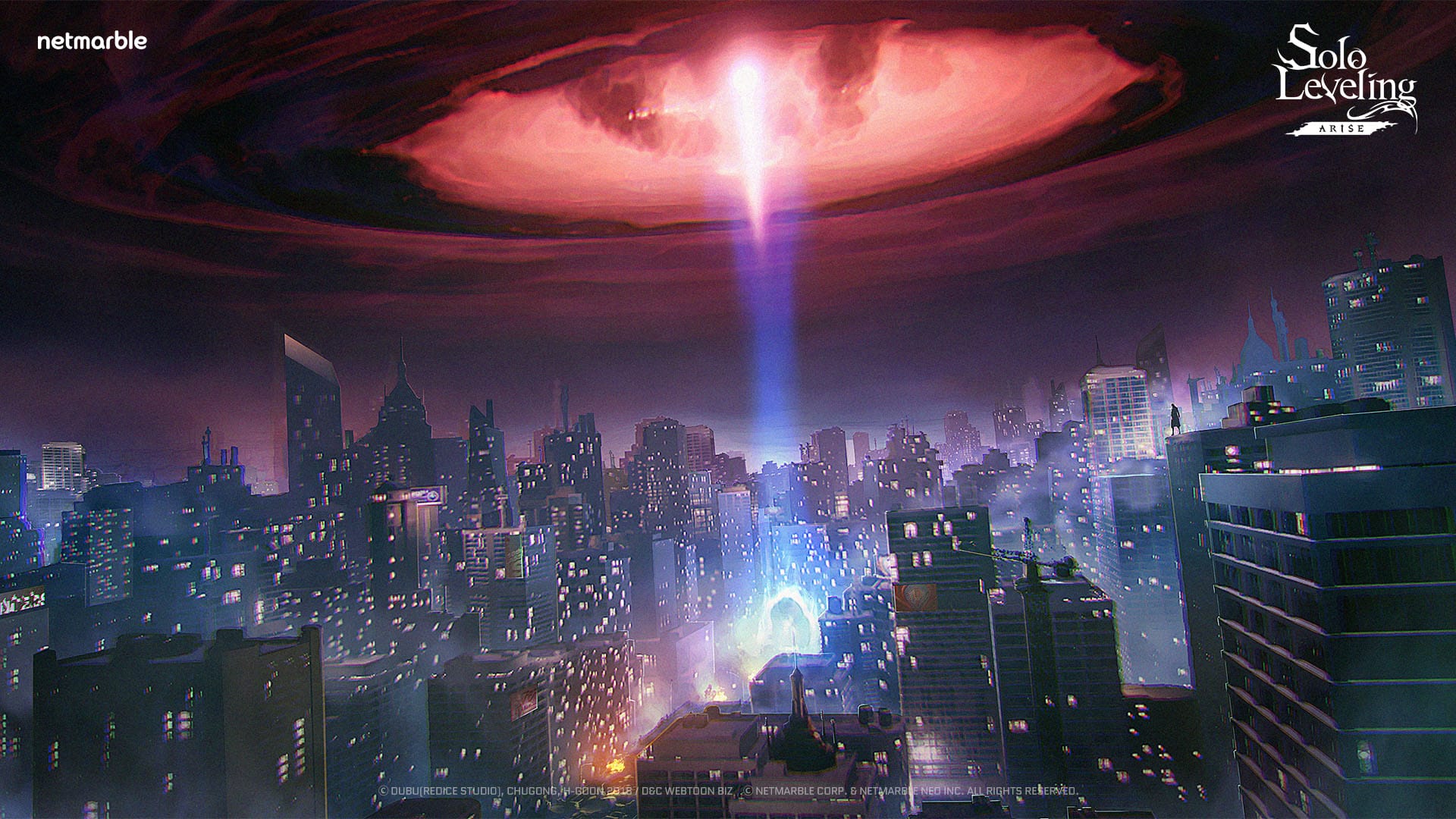 Cinematic cityscape of Seoul with a massive red gate in the sky from Solo Leveling Arise.