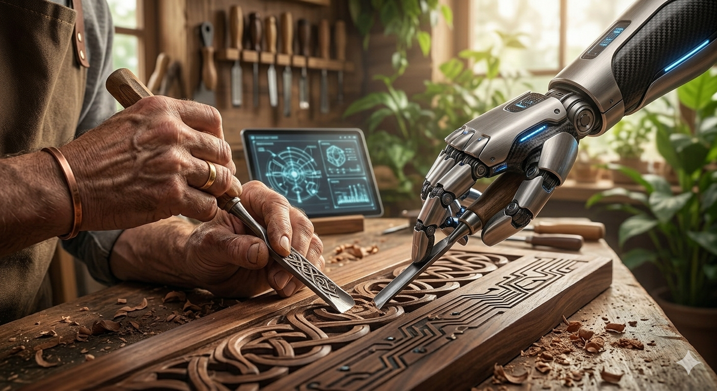 Human hands and a detailed robot claw work together in an artisanal workshop, meticulously carving wood with tools.