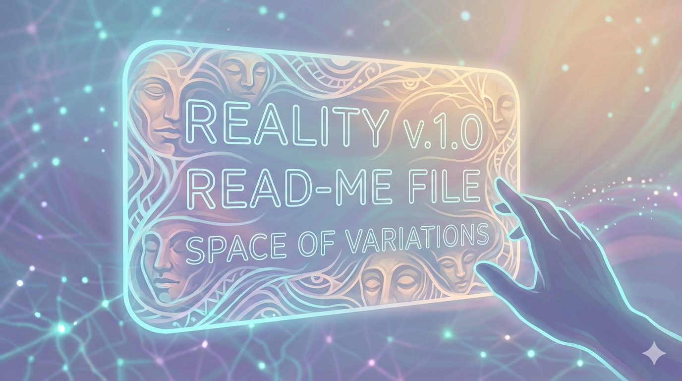 Glowing holographic panel displaying stylized 'Read-Me' text for reality against a swirling peach and cyan energy background.