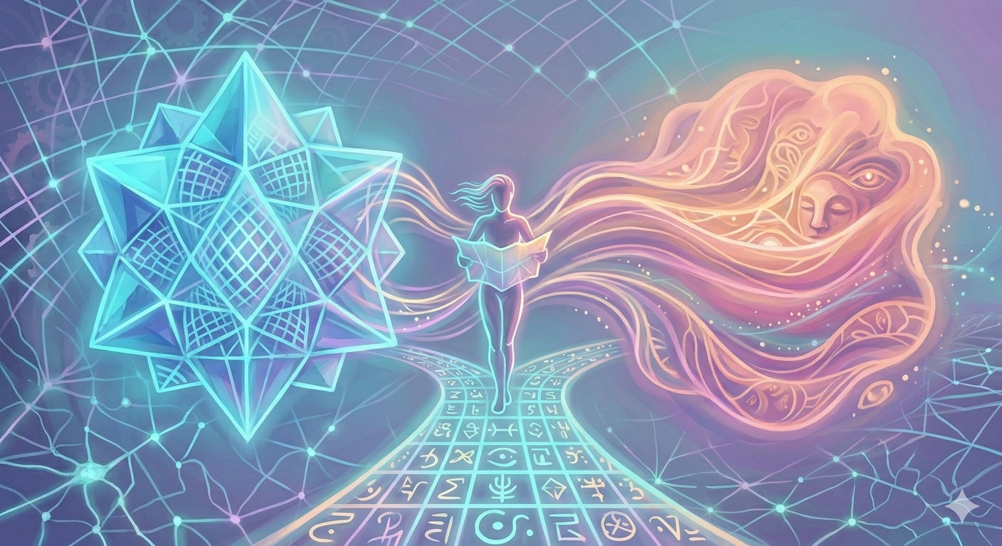 Nested crystal and nebula energy cores with a balanced figure, representing the unity of soul and mind.