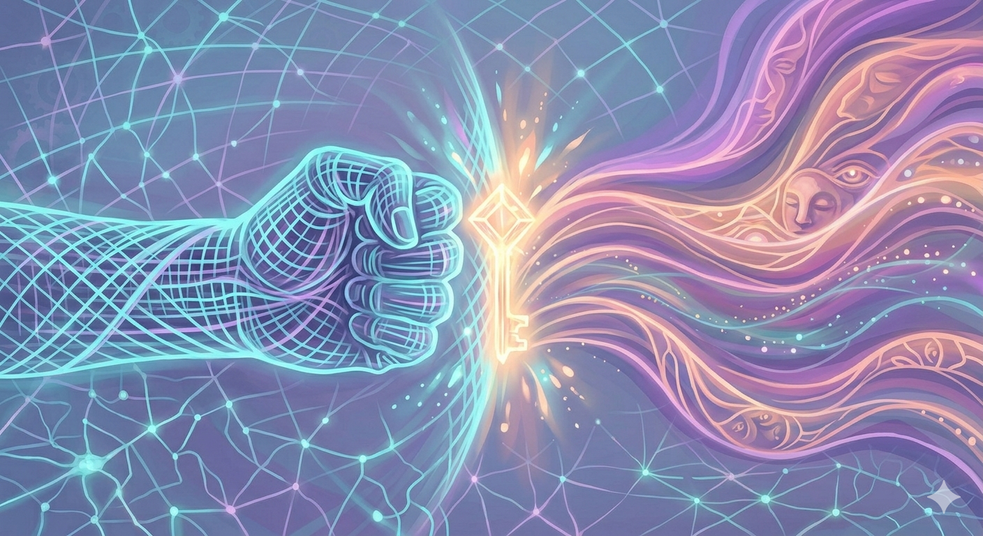 Glowing fist pushing a key against energy currents, illustrating balancing forces reacting to excess importance.