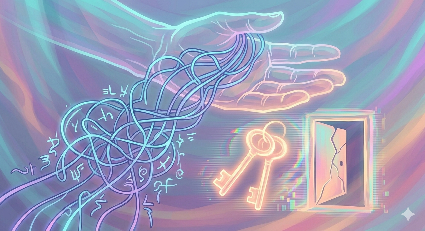 Close-up of a simplified head releasing a dark obsession knot, with warm golden keys and an opening door emerging.