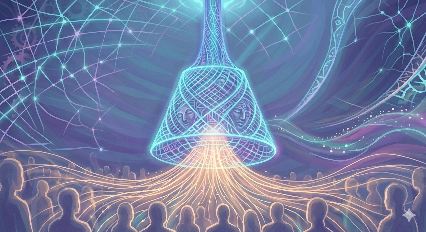 Giant holographic energy pendulum absorbing light from people, depicting a collective energetic egregor.