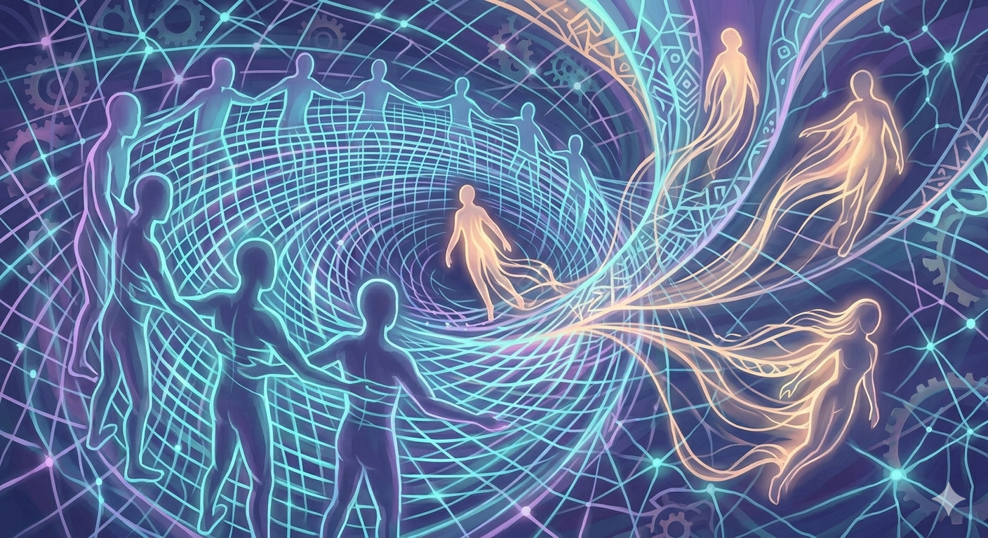Blue energy vortex connecting silhouettes in a grid, showing how pendulums drain collective emotional energy.
