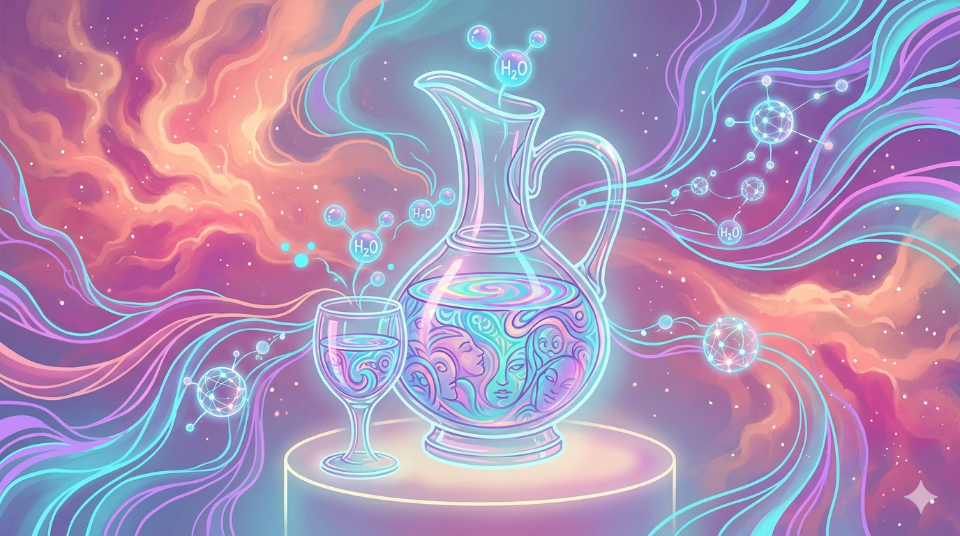 Illustrative graphic composition focusing on an aesthetic glass water carafe and glass set, rendered in translucent