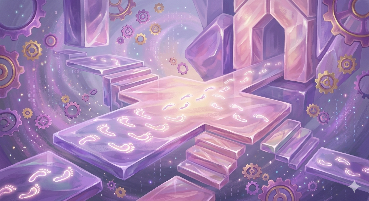 Abstract digital art of floating crystal platforms with glowing footprints and gears, symbolizing the integration of walking into daily life for mental recalibration.