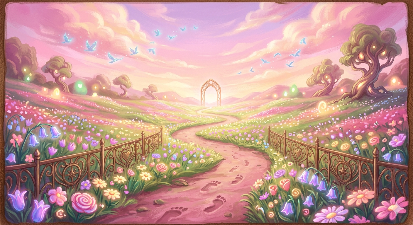 Dreamy pink landscape with a winding dirt path and glowing flowers, visualizing the peaceful and honest nature of self-development through a simple walk.