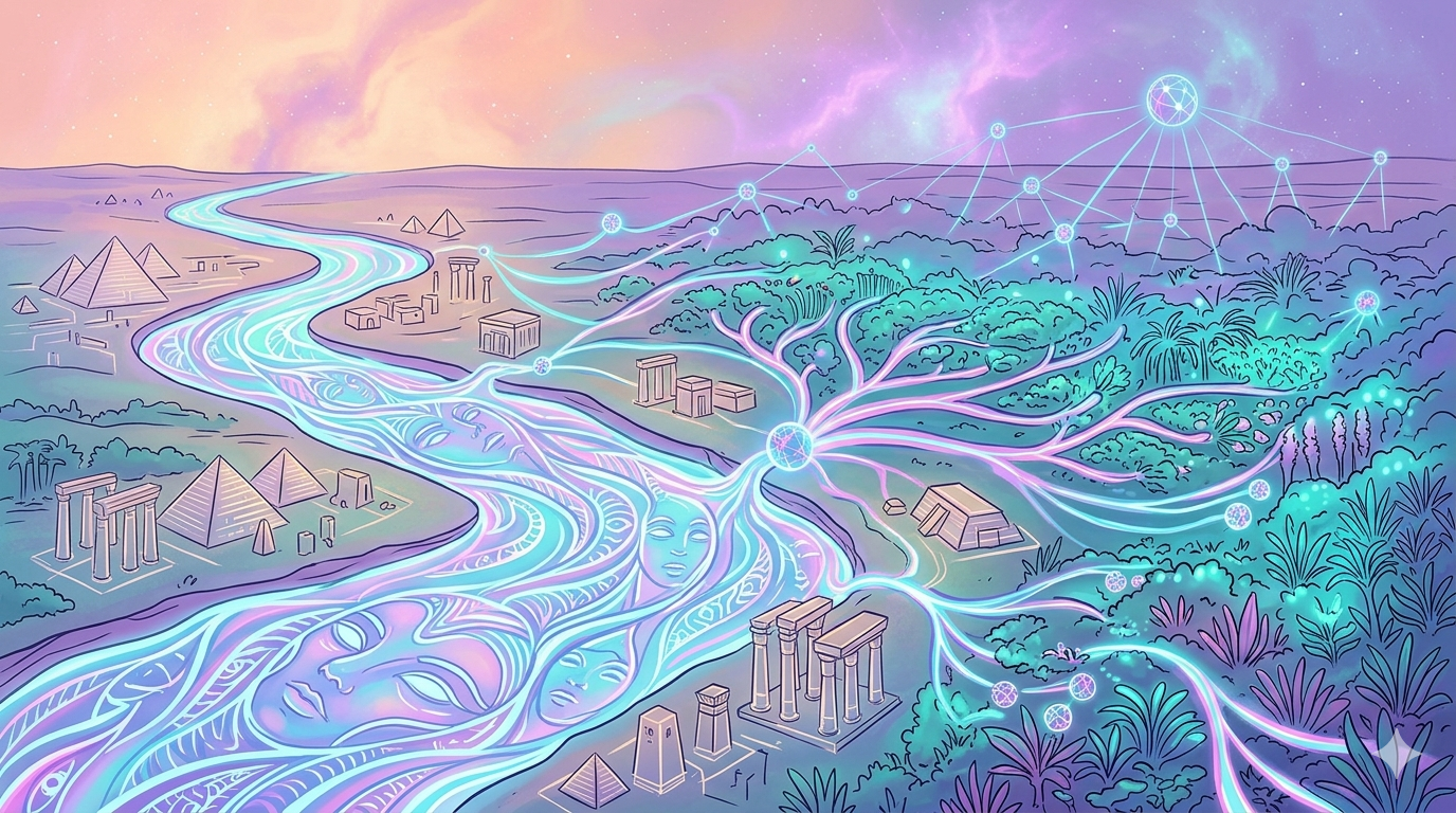 llustrative graphic visualizes the ancient Nile as a glowing, iridescent 'Operating System' composed of interwoven light-lines and patterned data currents.