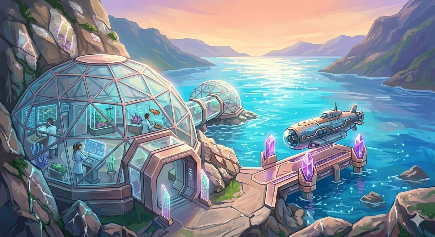 research base and submersible at a coastal fjord, blending pioneering spirit with advanced technology. Fan art style.