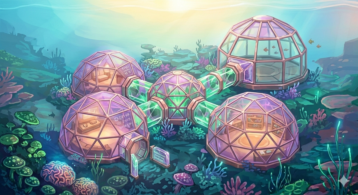 Connected alien ocean habitat domes built from crystal-like panels, anchored in a bioluminescent coral reef. A feeling of safe harbor
