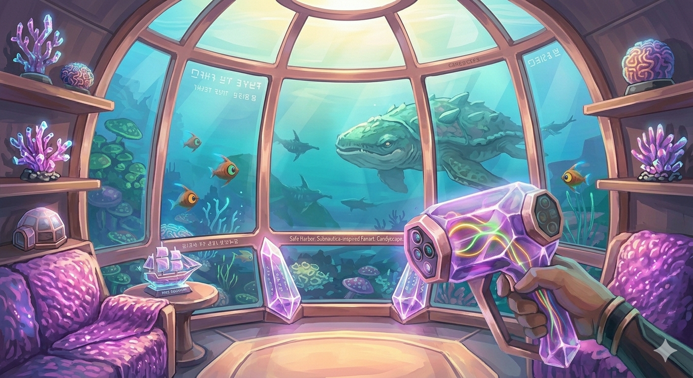 First-person fan art view from an underwater habitat window, looking over a deep alien reef with bioluminescent flora and Peeper fish