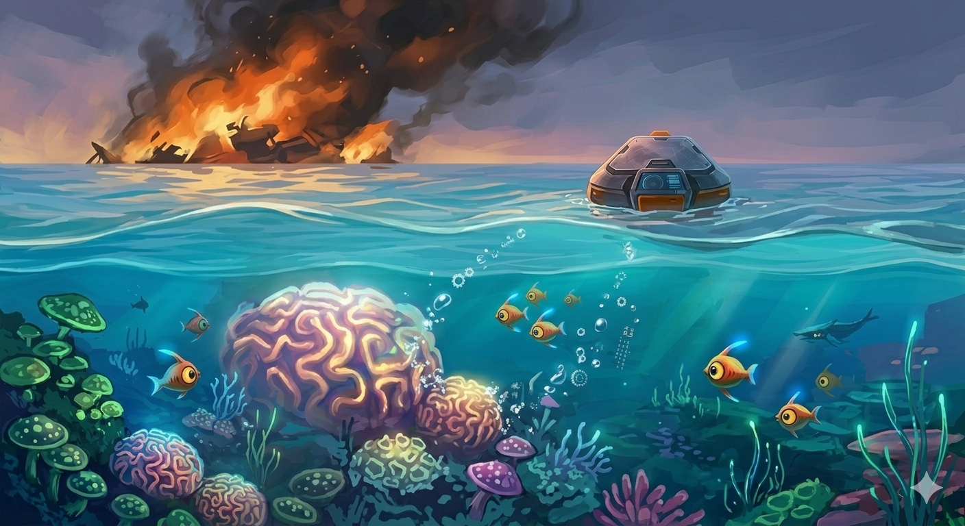 Extensive alien reef landscape split by the water’s surface, with the distant, burning Aurora wreckage on the horizon. Majestic perspective.