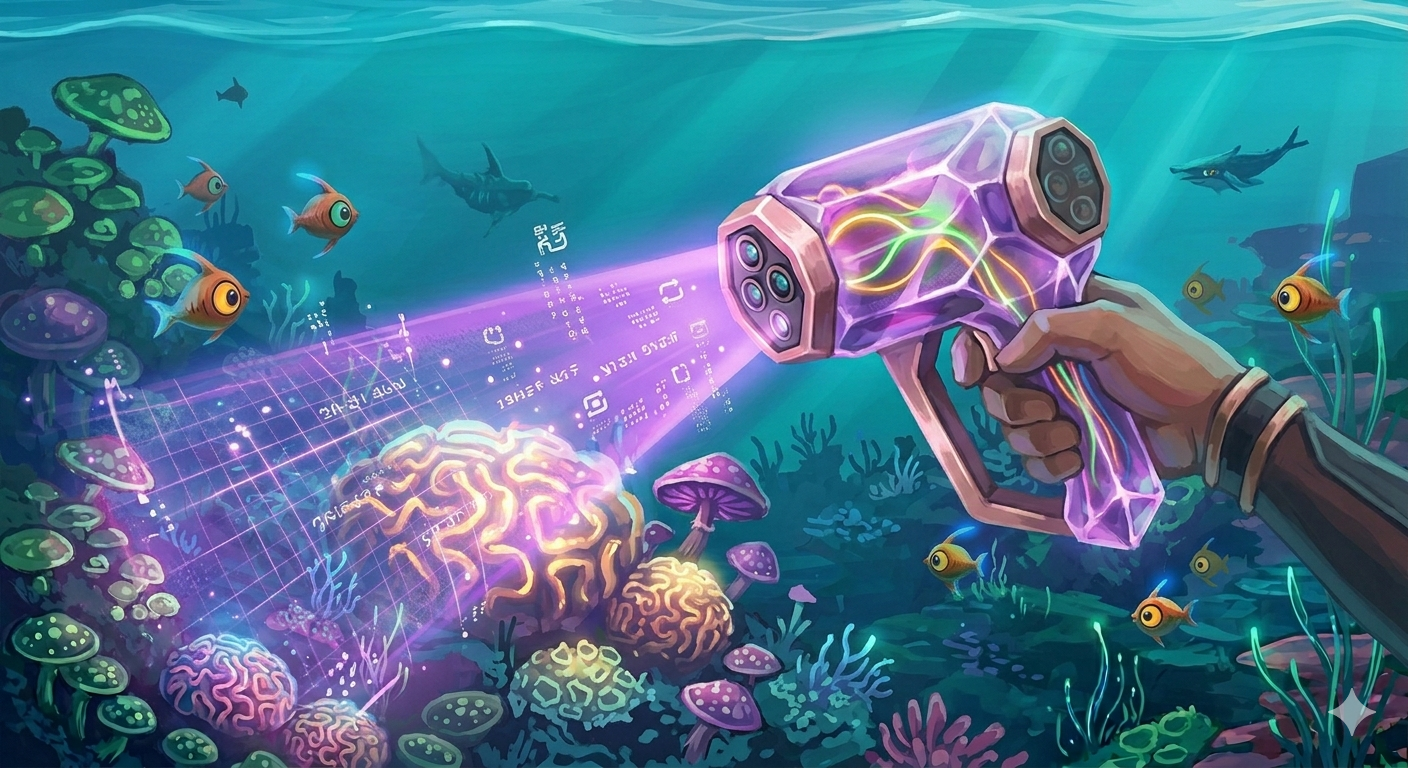 Close-up fan art: A character holds a custom crystal scanner analyzing alien brain coral. Internal biology lighting activates within the tool.