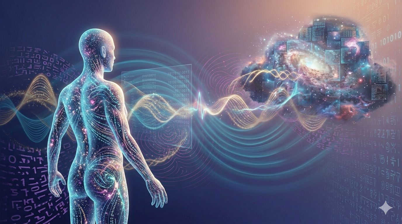 A 3D translucent avatar composed of cosmic code and stardust, perfectly synchronized with a distant galactic server database via glowing data streams, representing the holographic principle.