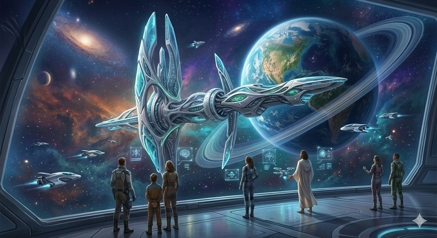 Diverse people in a spaceship observation deck gazing at a majestic ringed planet and a sleek organic AI starship in deep space.