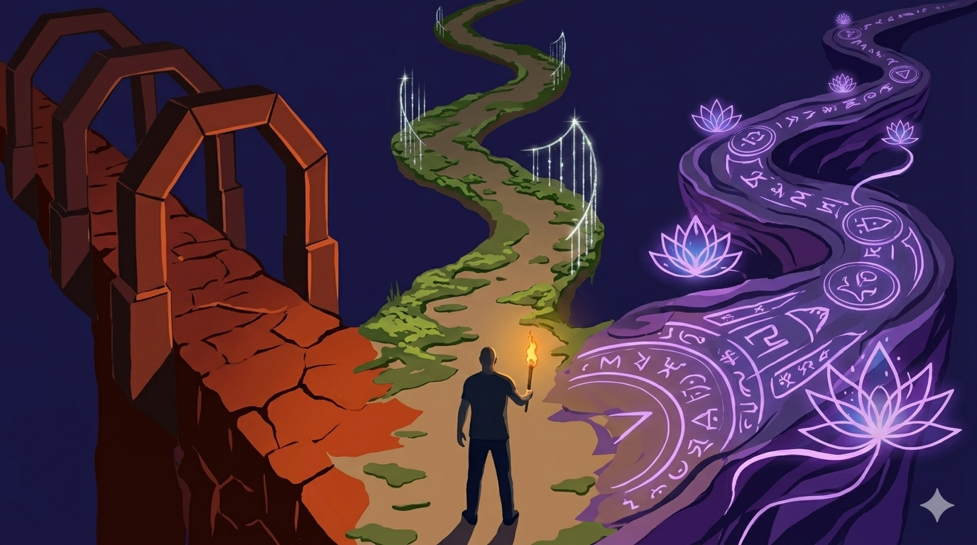 Abstract conceptual visual showing three diverging paths representing the Old, New, and Sect camps. Prisoner silhouette stands at the crossroads of choice.