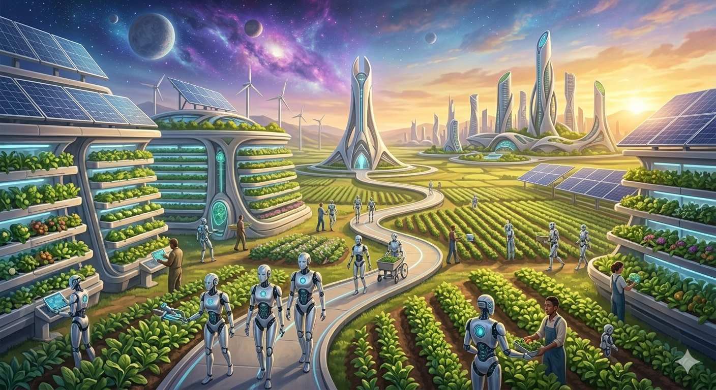 A vast sustainable vertical farm with many agricultural droids automatically harvesting crops in a Valley with a sun-drenched cityscape.
