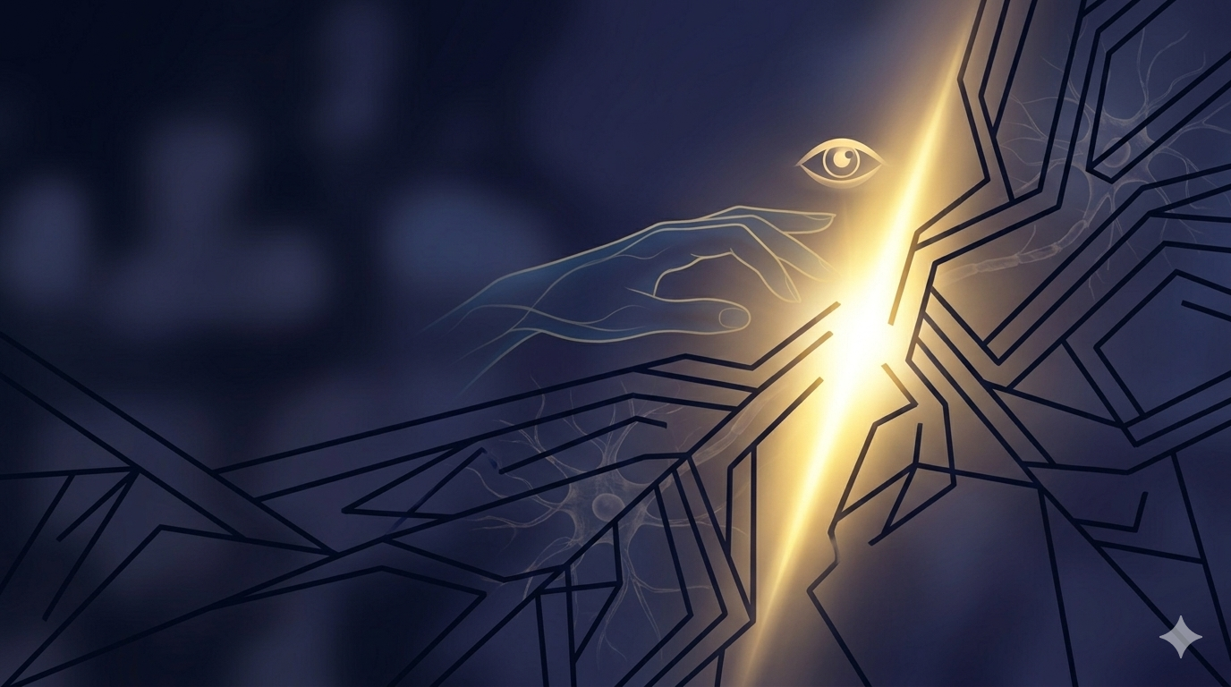 Abstract neural lines with a glowing gap and hand silhouette, symbolizing the moment of conscious choice and breaking habits.