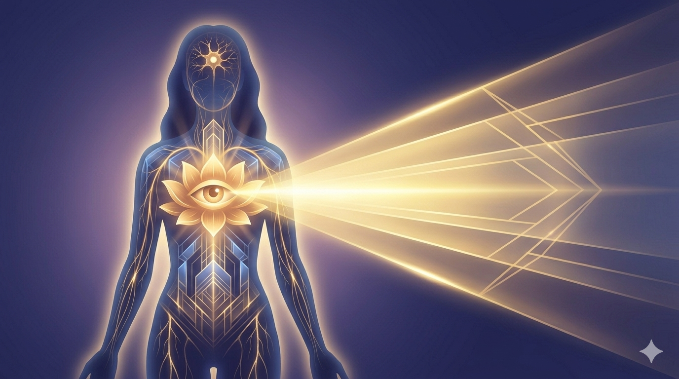 Golden Wisdom breaks out of Body, Full Understanding, Recogniting the structure Behind, Golden Eye with golden Light out of Body.