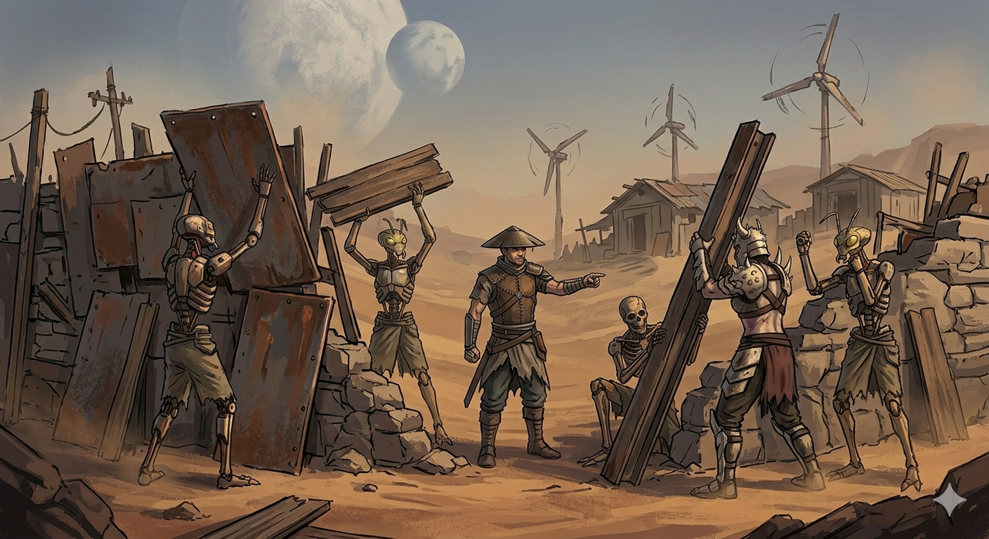 Concept art of Kenshi base building: Shek and Hiver workers construct defensive walls using scrap metal and wood in the desert.