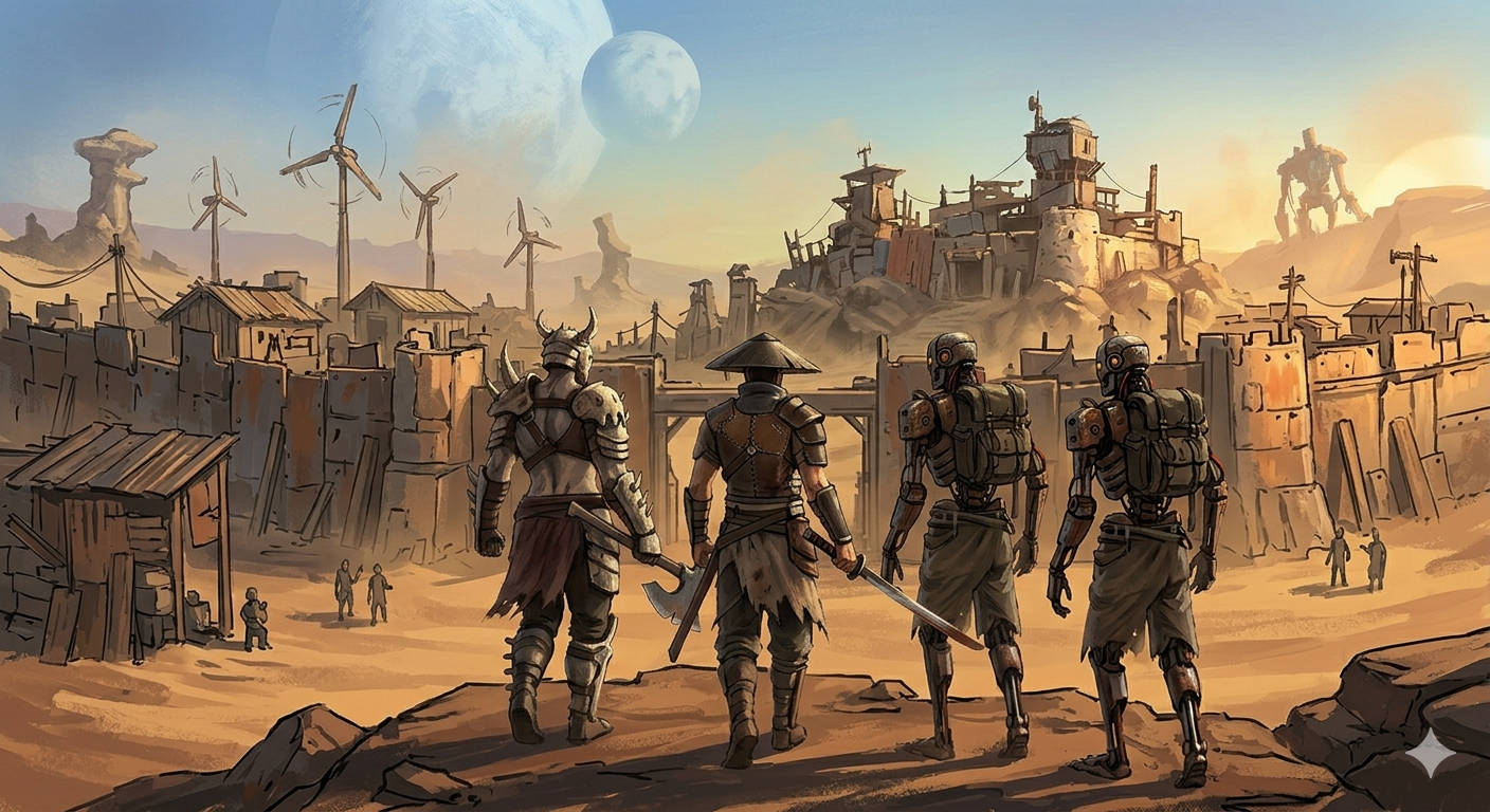 Concept art of Kenshi players standing proud at sunrise on a hill, overlooking their large, hand-built sovereign city in the desert.