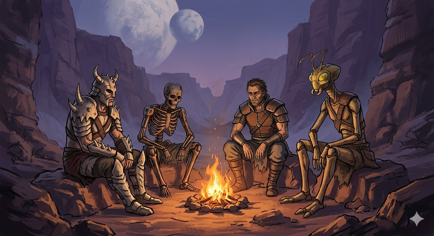 Concept art of diverse Kenshi races: a horned Shek warrior, a thin Hiver worker, and a somber Skeleton robot seated by a campfire.