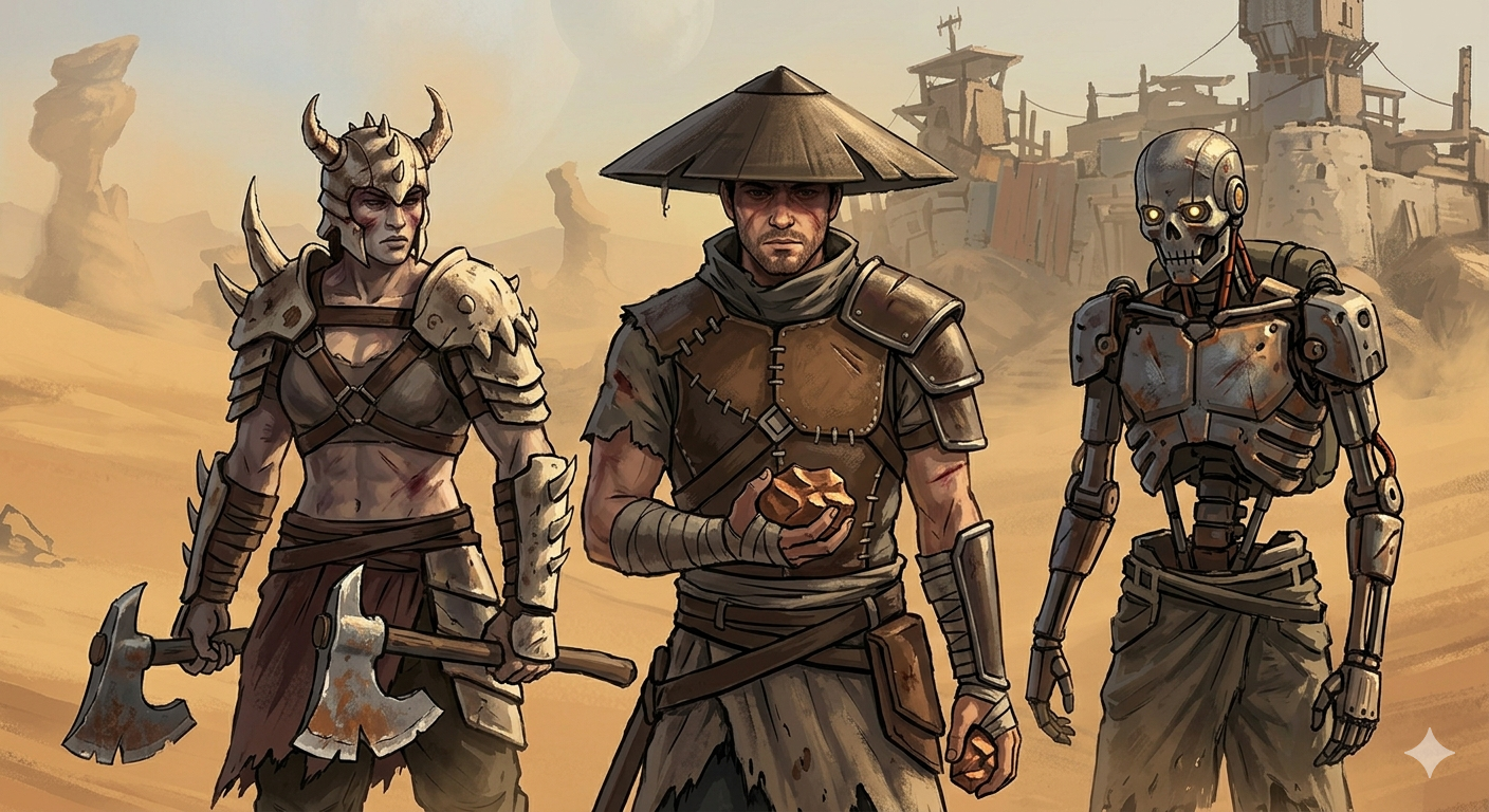 Gritty art comparing Kenshi races: a strong Shek warrior, a thin Hiver worker, and a rusty Skeleton robot.
