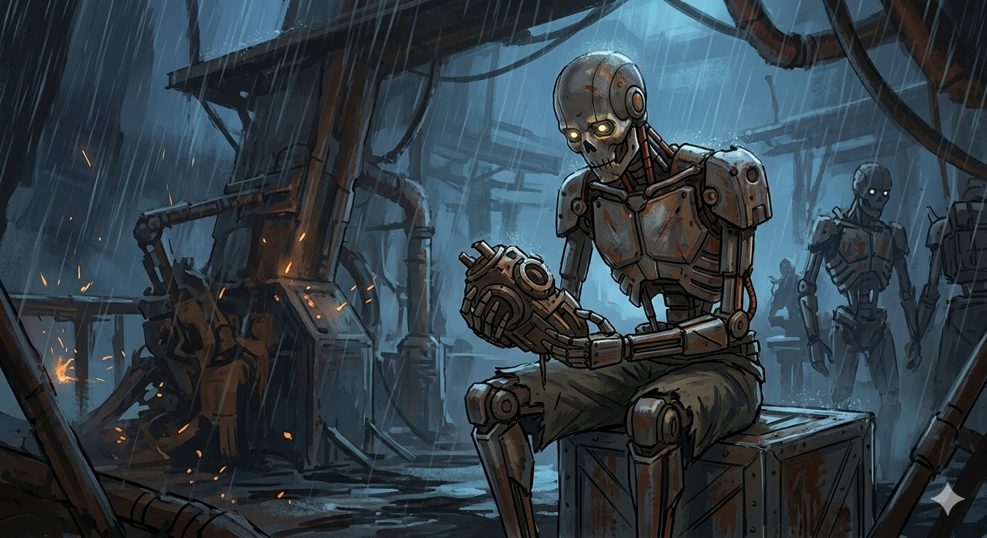 Concept art of a melancholy Skeleton robot sitting alone in Black Desert City under acidic rain, holding a broken core.