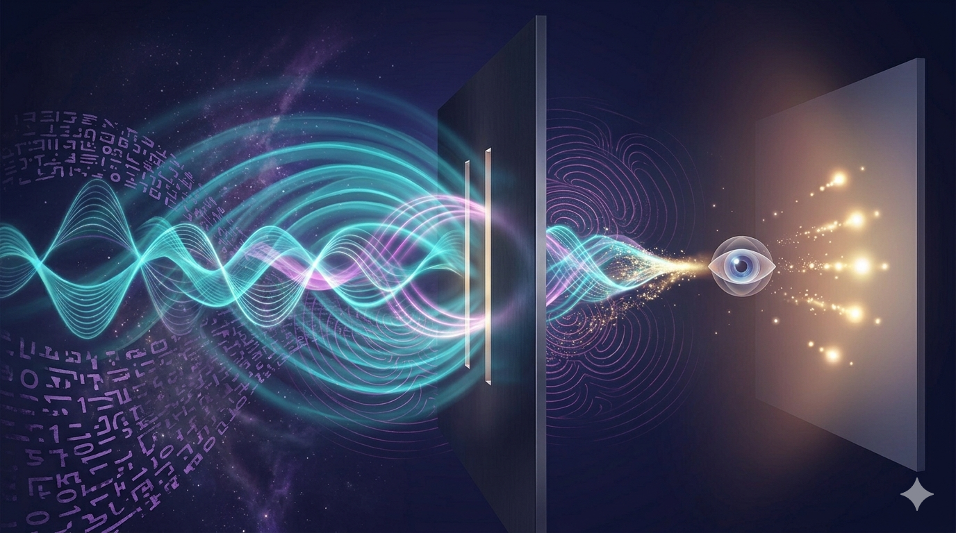 Cinematic visualization of light particles transforming into distinct particles on a detector screen when observed by a stylized eye, illustrating the quantum observer effect.