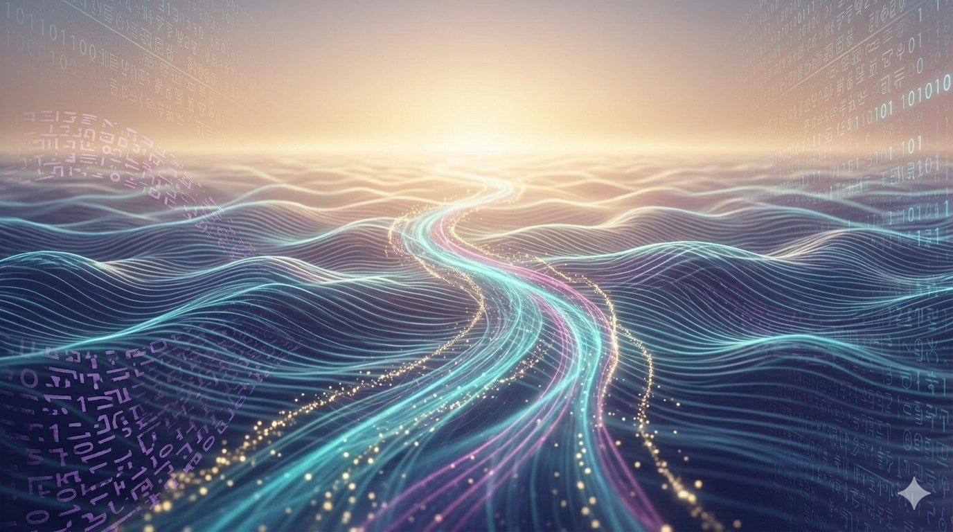 Expansive visualization of an open, glowing light path extending over a vast sea of quantum waves and cosmic database code towards a shimmering golden horizon, symbolizing connection, hope, and the future.