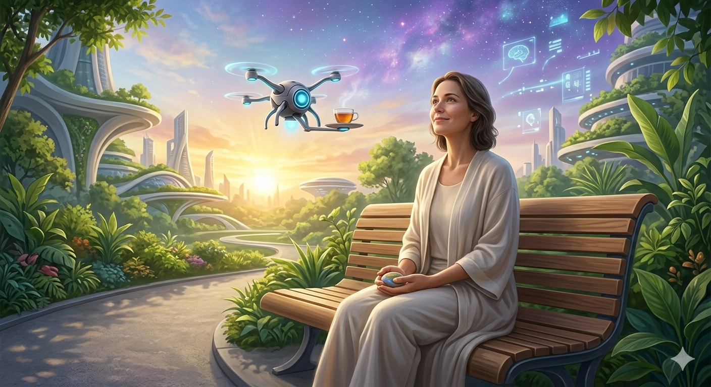 A calm woman with a gentle smile sits on a modern park bench, looking at a small helper drone hovering nearby with tea.