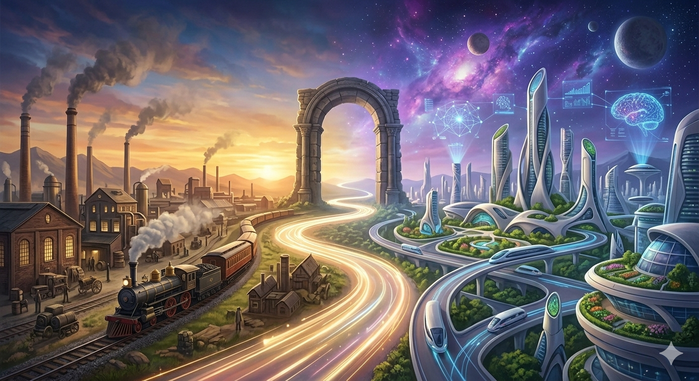 A conceptual landscape blending a vintage industrial scene with a sleek futuristic city under a nebula sky.