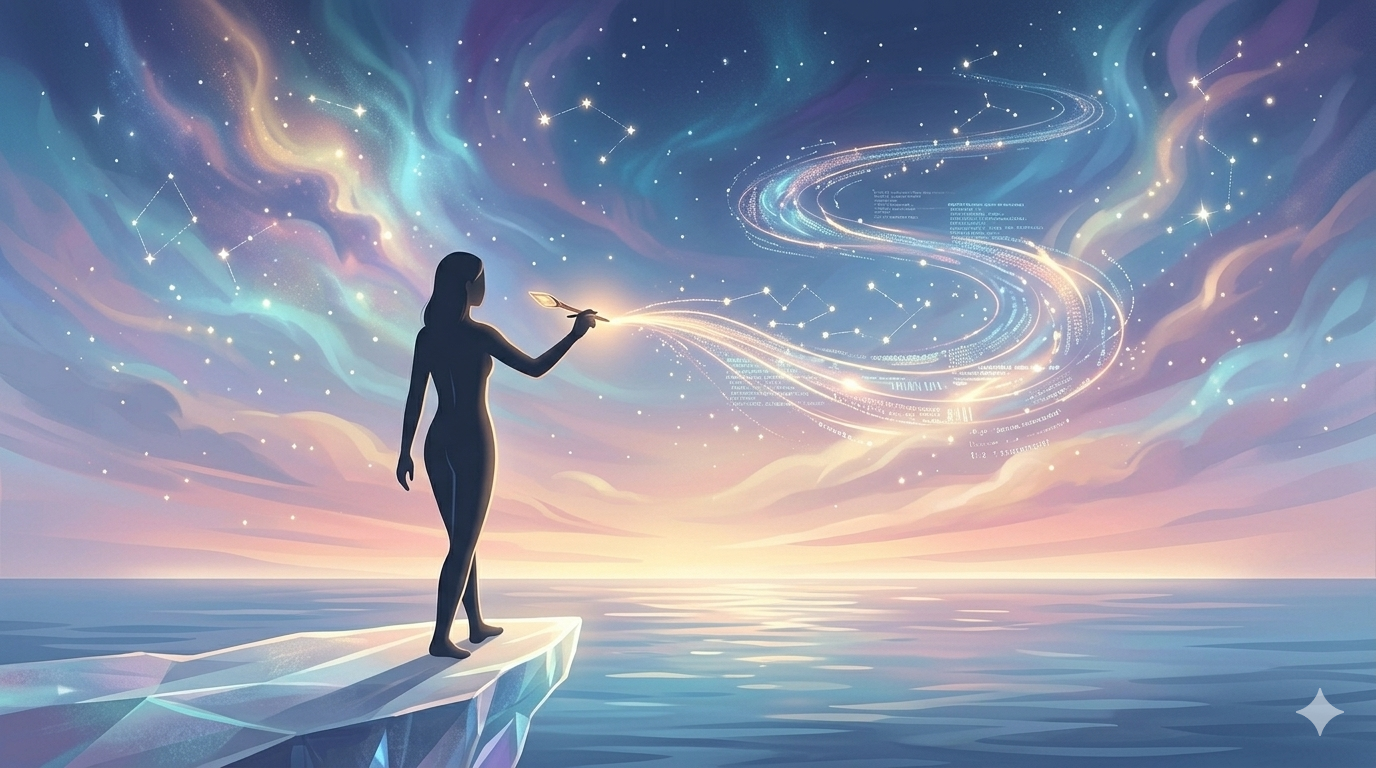 Stylized digital art of a silhouette holding a glowing pen, painting a path of stars and light across a cosmic sky over a calm ocean. Sovereignty.