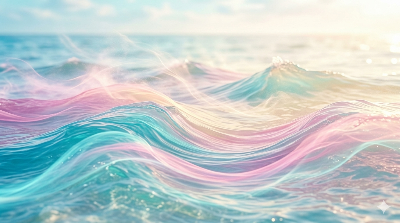 Stylized digital art of gentle turquoise and pink ocean waves swirling under ethereal wind currents, symbolizing a fresh start, clarity, and positive energy.