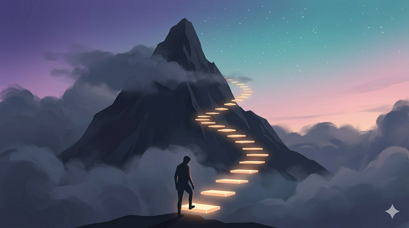 Stylized digital art of a silhouette facing a dark, imposing mountain, but stepping onto a spiraling, manageable staircase of glowing light platforms. Hope.