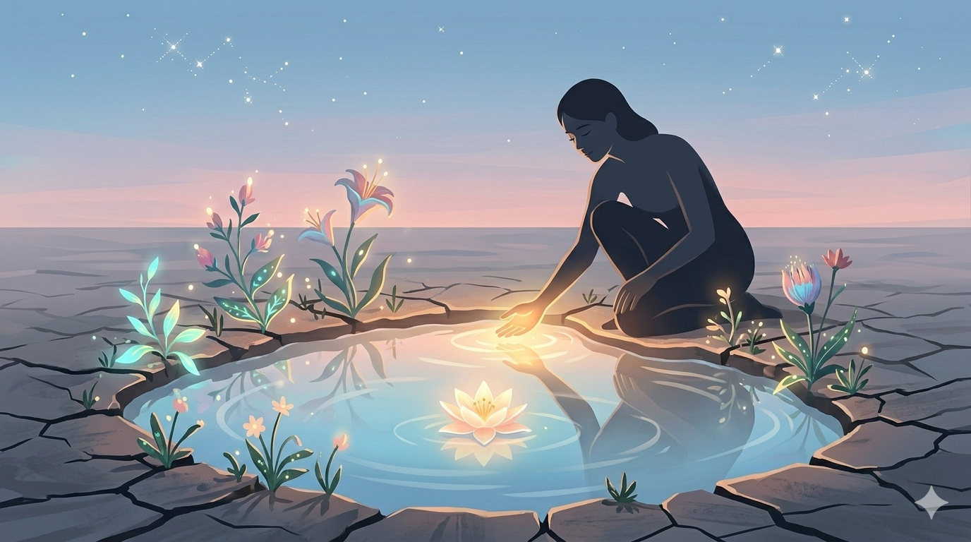 Stylized digital art of a lone silhouette kneeling by a small pool, cupping glowing golden water that nurtures vibrant flowers on dry ground. Compassion.