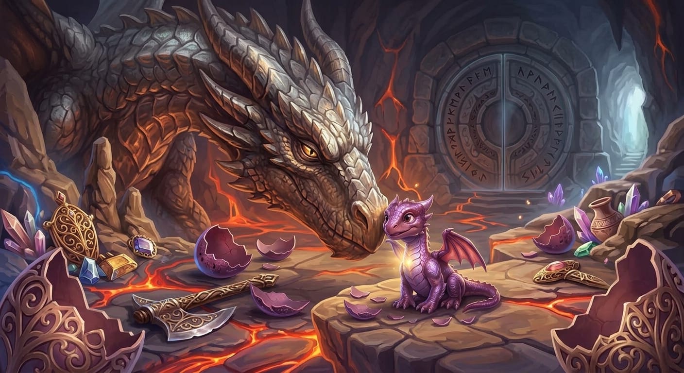 A tiny cute reddish-purple hatchling dragon standing in an ancient stone cavern, gently touching noses with a massive ancient dragon with faded iron scales and glowing golden eyes, in front of a dark stone portal.