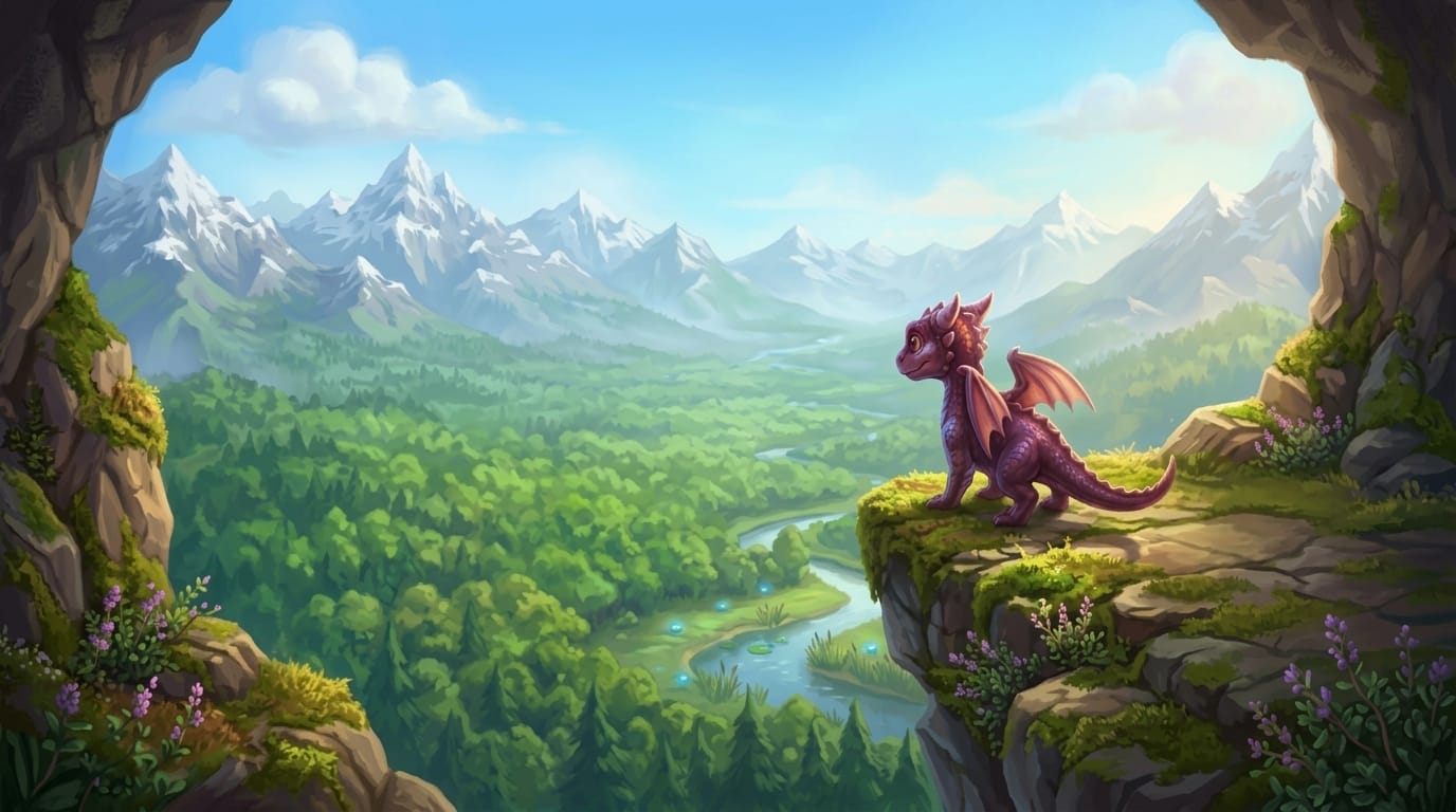 A cute small reddish-purple baby dragon sitting on a mossy rocky ledge, looking out over a breathtaking lush green forest valley with a winding river and snow-capped mountain peaks in the distance.