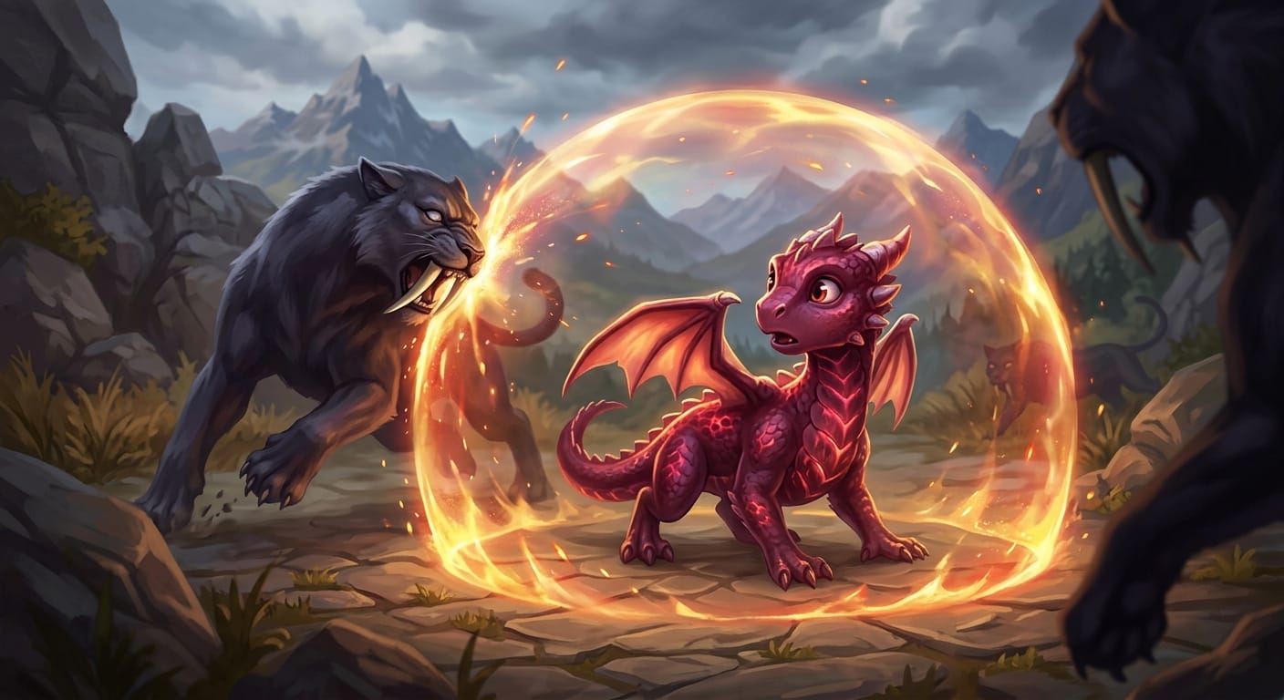 A small reddish-purple dragon standing inside a glowing, fiery transparent heat shield dome, defending itself against lunging shadowy saber-toothed cats in a mountain valley.